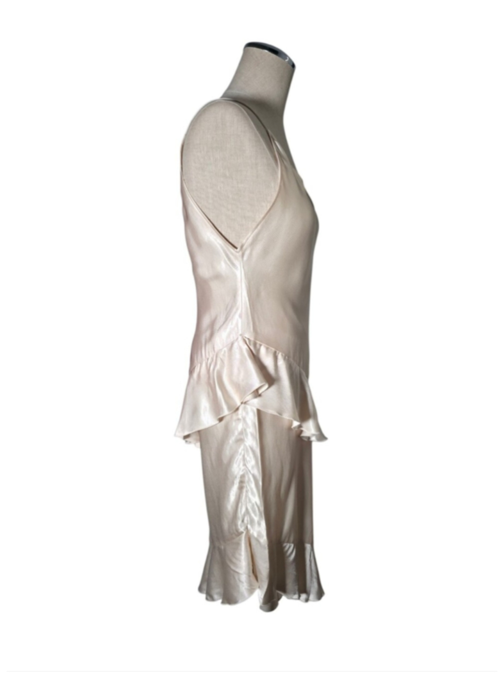 H&M Satin Slip Dress Cream Ivory Ruffle Midi Dress Asymmetrical Hem V Neck S - Picture 7 of 12